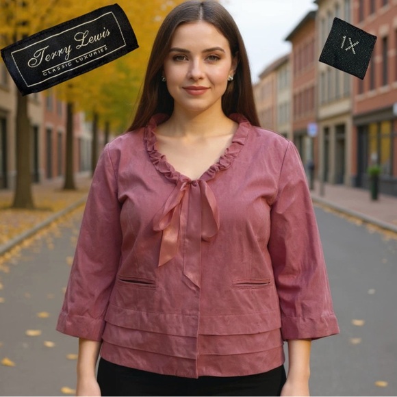 Vtg Y2K Terry Lewis Classic Luxuries Pink Suede Leather Ruffled Jacket 1X Plus - Picture 1 of 16